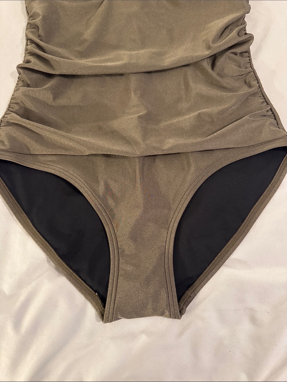 DKNY Ruched Olive Green One-Piece Swimsuit with Ruffle V-Neck - Picture 5 of 11